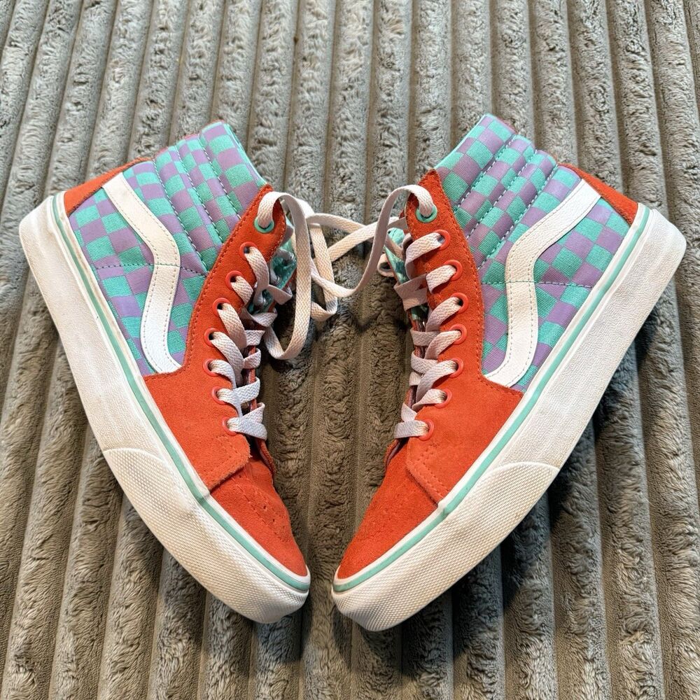 Vans Checkerboard Sk8-Hi High Top Sneakers Orange Mint Unisex M5.5 W7
